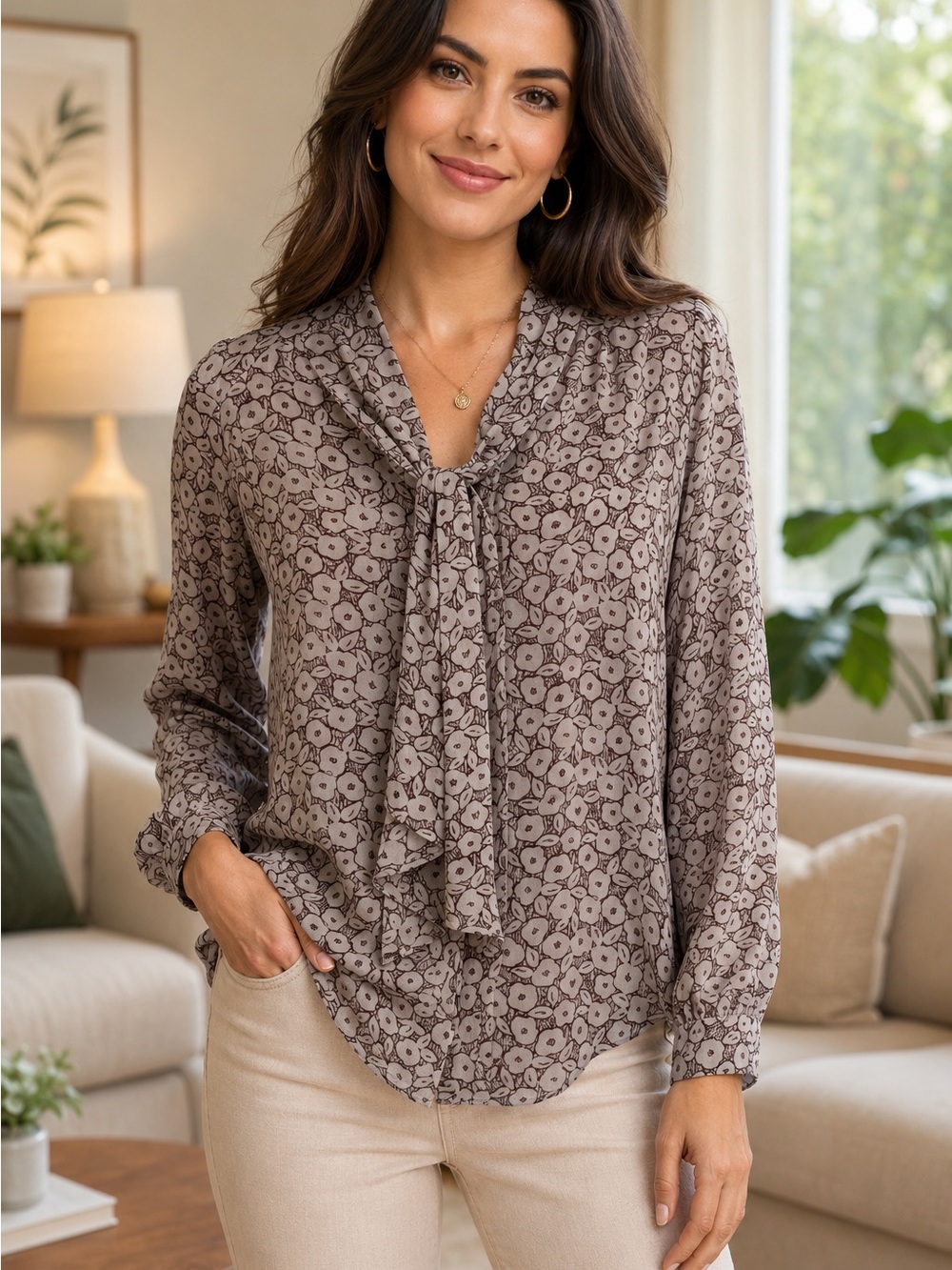 Floral Tie-Neck Blouse in Taupe